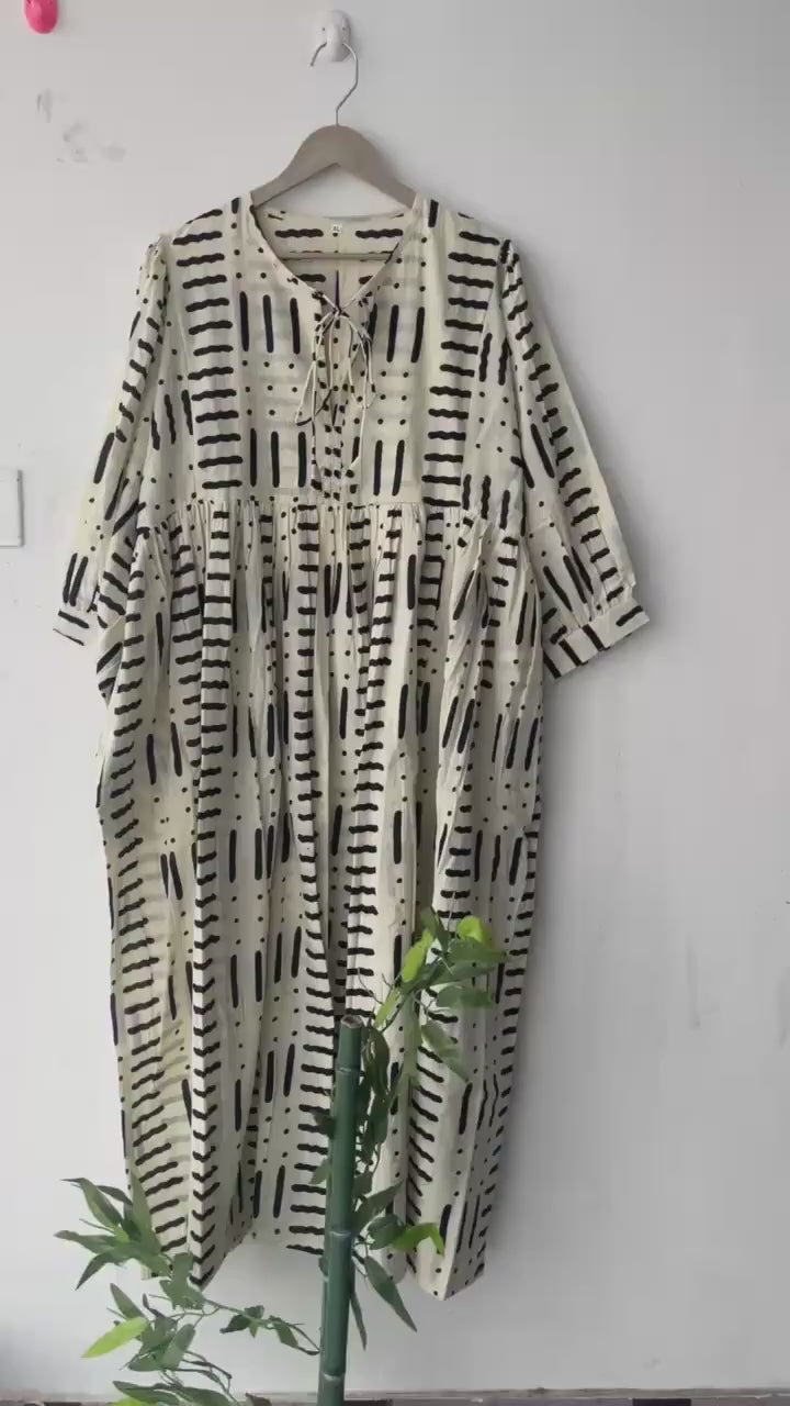 Hand Block Print Cotton Midi Dress: Deep Neck Summer Dress
