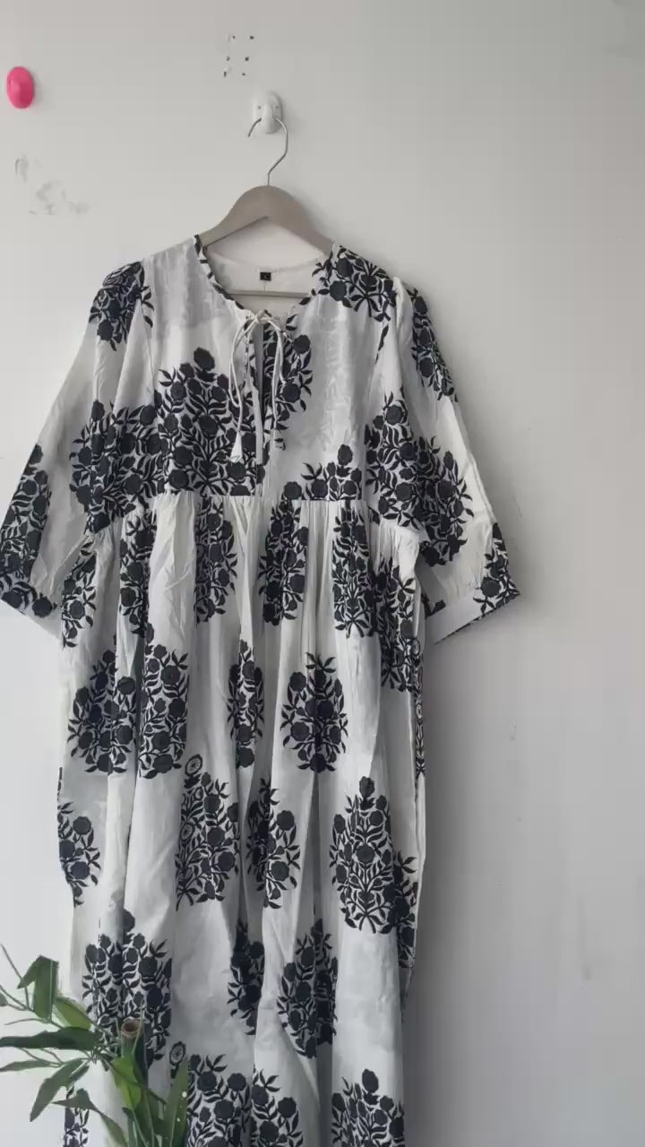 Hand Block Printed Cotton Gauze Dress: Bohemian Tunic Gown