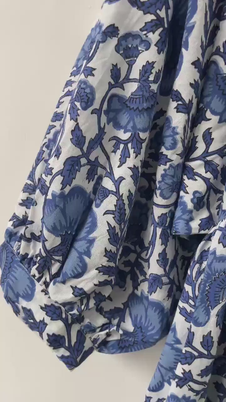 Blue Floral Block Print Cotton Midi Dress: Bohemian Kyra Style