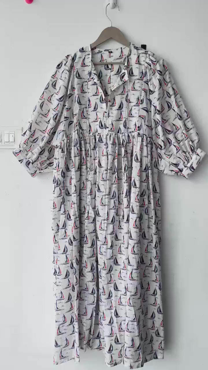 Floral Hand Block Print Cotton Midi Dress: Deep Neck Summer Dress