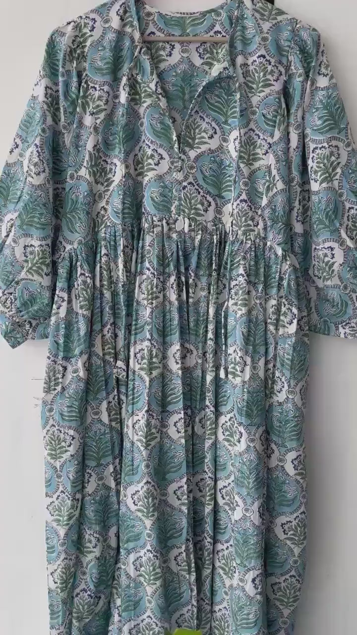 Floral Block Print Cotton Summer Dress: Handcrafted Midi Dress