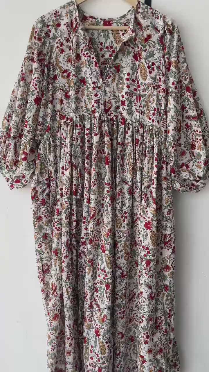 Floral Block Print Cotton Midi Dress - Deep Neck Summer Dress