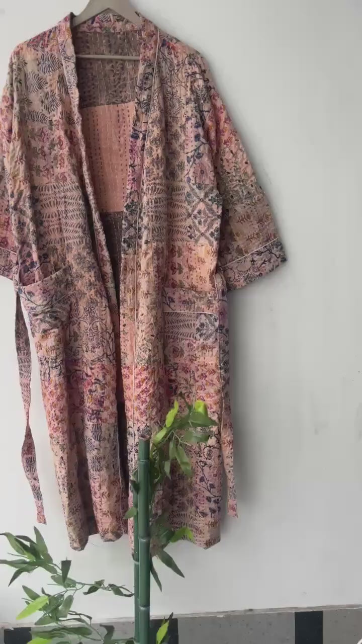 Handcrafted Kantha Kimono Robe: Bohemian Patchwork Cotton Jacket