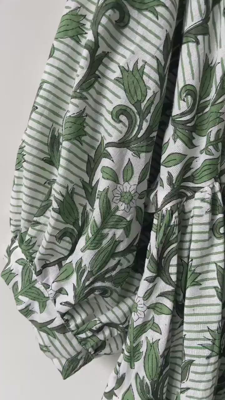 Floral Hand Block Print Cotton Midi Dress - Deep Neck Summer Dress