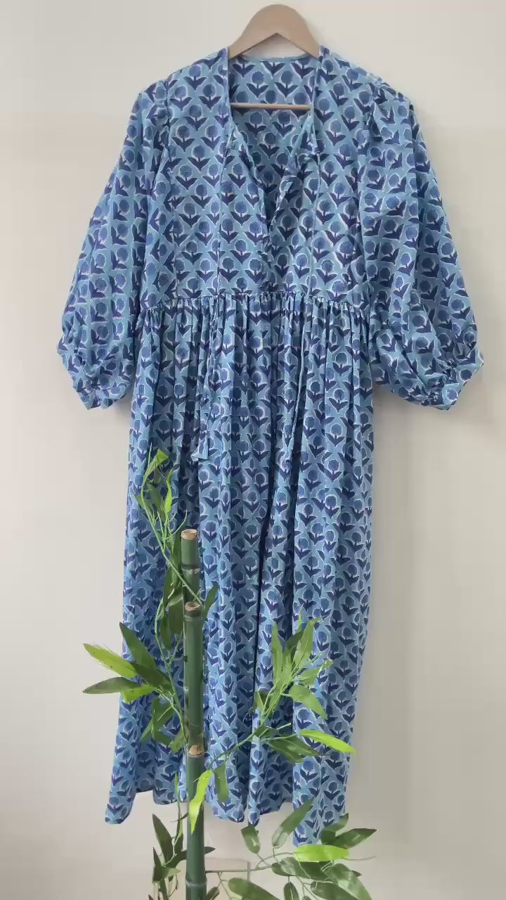 Floral Block Print Cotton Summer Dress: Handcrafted Midi Dress