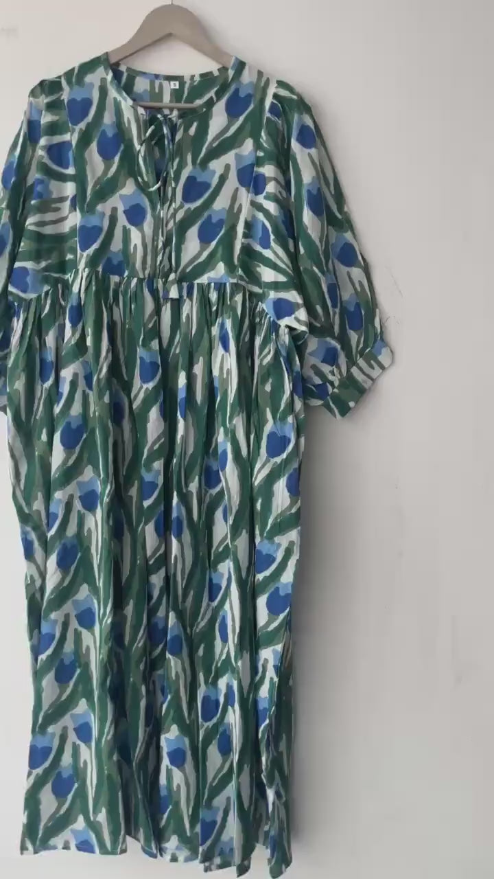 Floral Hand Block Print Cotton Midi Dress - Deep Neck Summer Dress