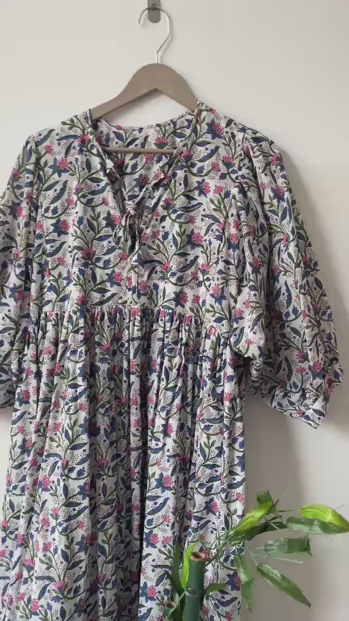 Floral Block Print Cotton Midi Dress: Soft Summer Dress