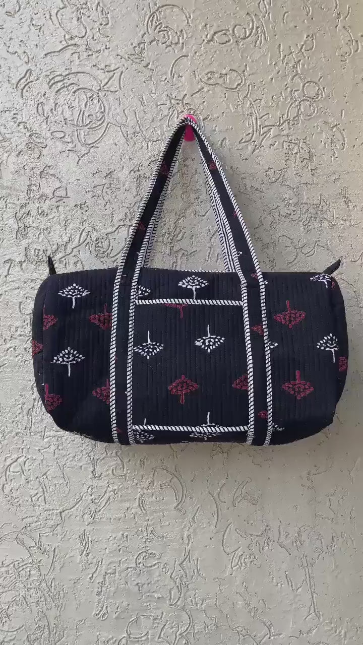 Handmade Quilted Duffle Bag: Block Printed Cotton Overnight Travel Bag