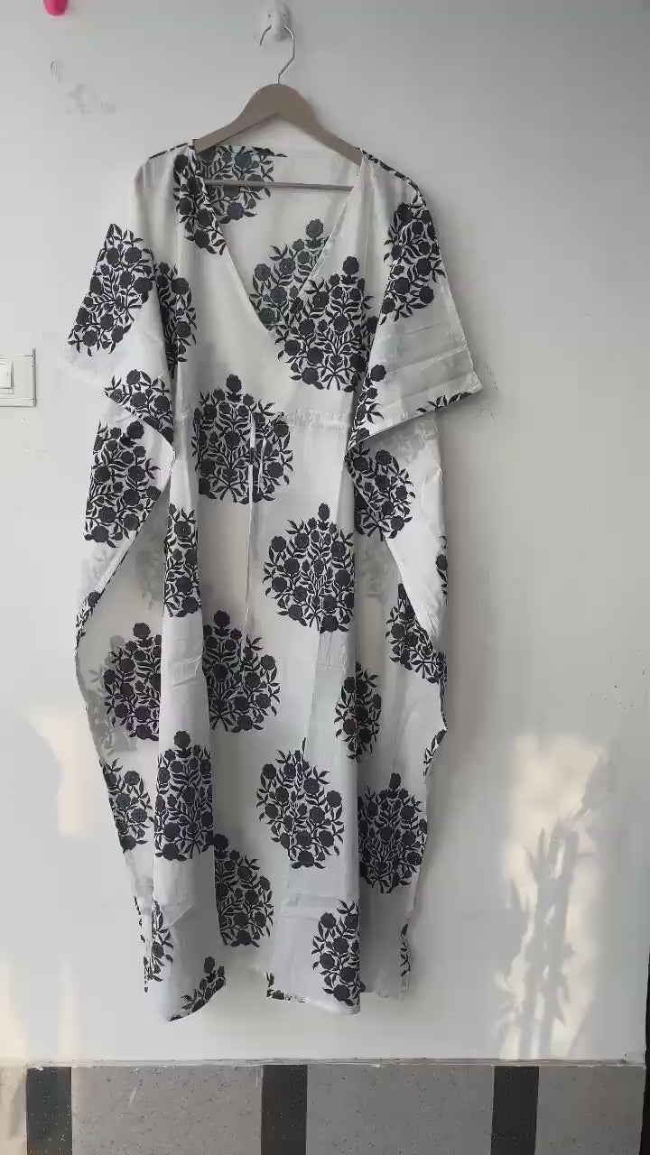 Floral Print Cotton Kaftan Dress: Indian Block Print Beach Cover-Up