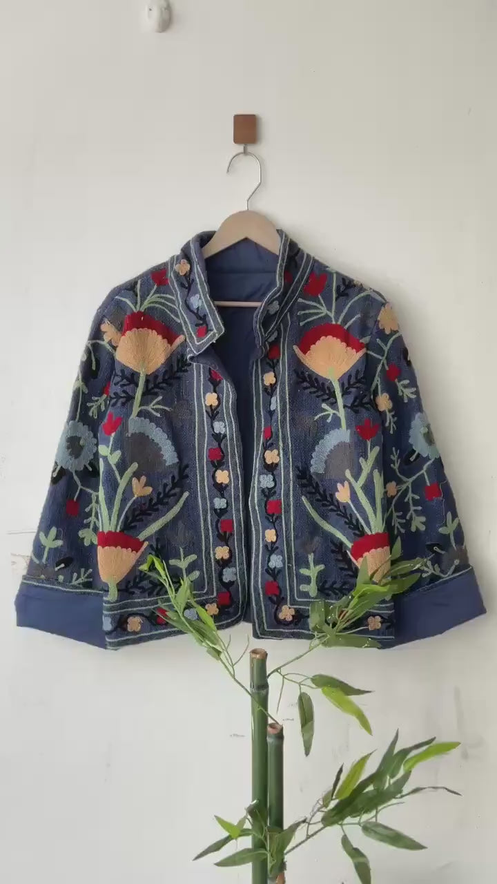 Handmade Suzani Embroidery Jacket: Boho Quilted Cotton Coat